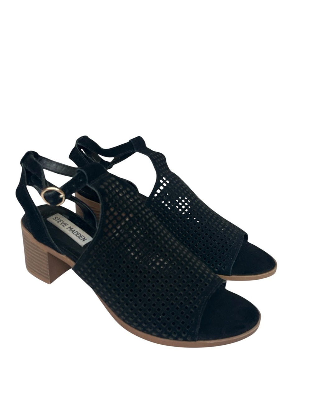 Steve Madden Barlow Perforated Block Heel Sandals Shoes Size 8.5 Black